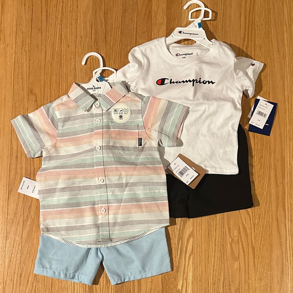 NWT 2 two piece sets - Eddie Bauer  Shirt & Shorts Set. Champion Set